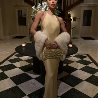 VESTIDO LONGO DOURADO COM APLICAÇÃO COSTAS