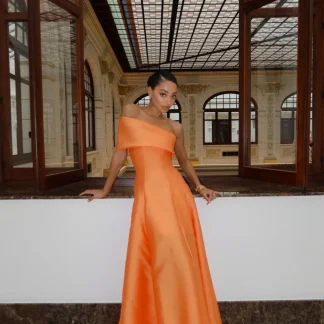 VESTIDO MIKADO LARANJA COMPRIDO