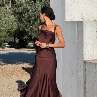 VESTIDO LONGO DRAPEADO CASTANHO
