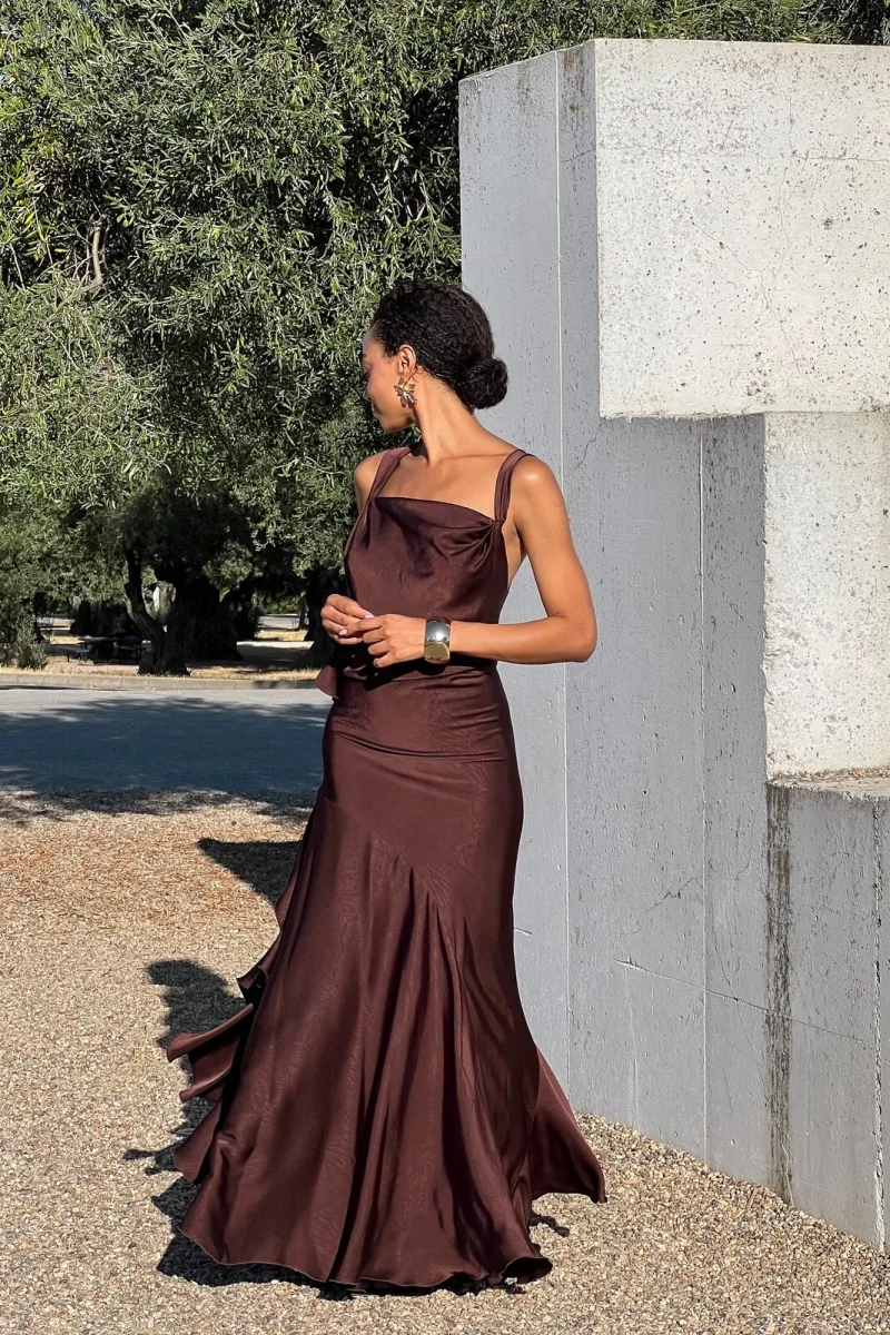 VESTIDO LONGO DRAPEADO CASTANHO
