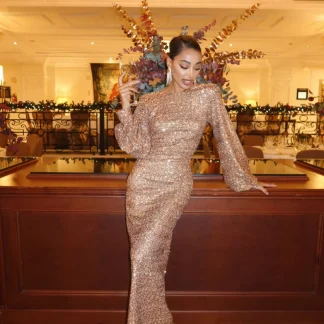 VESTIDO LONGO LANTEJOULAS COBRE