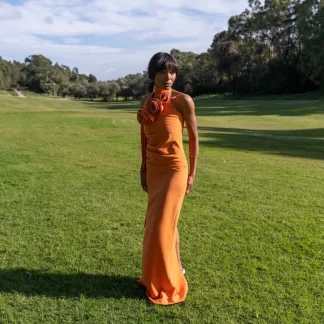VESTIDO COMPRIDO LARANJA COM FLOR