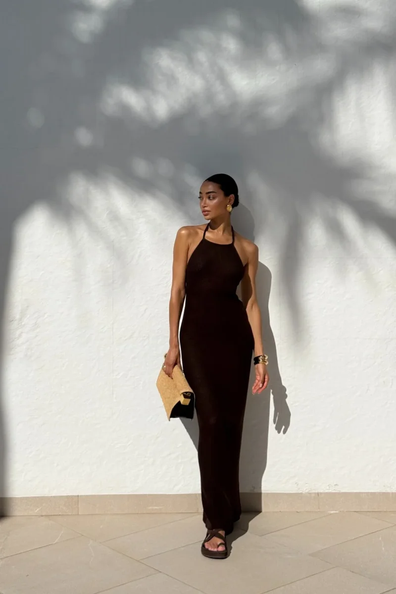 VESTIDO LONGO CASTANHO CHOCOLATE MANTEIGA EM MALHA - Image 7