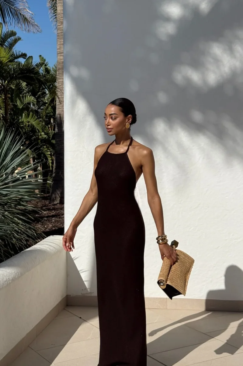 VESTIDO LONGO CASTANHO CHOCOLATE MANTEIGA EM MALHA - Image 8