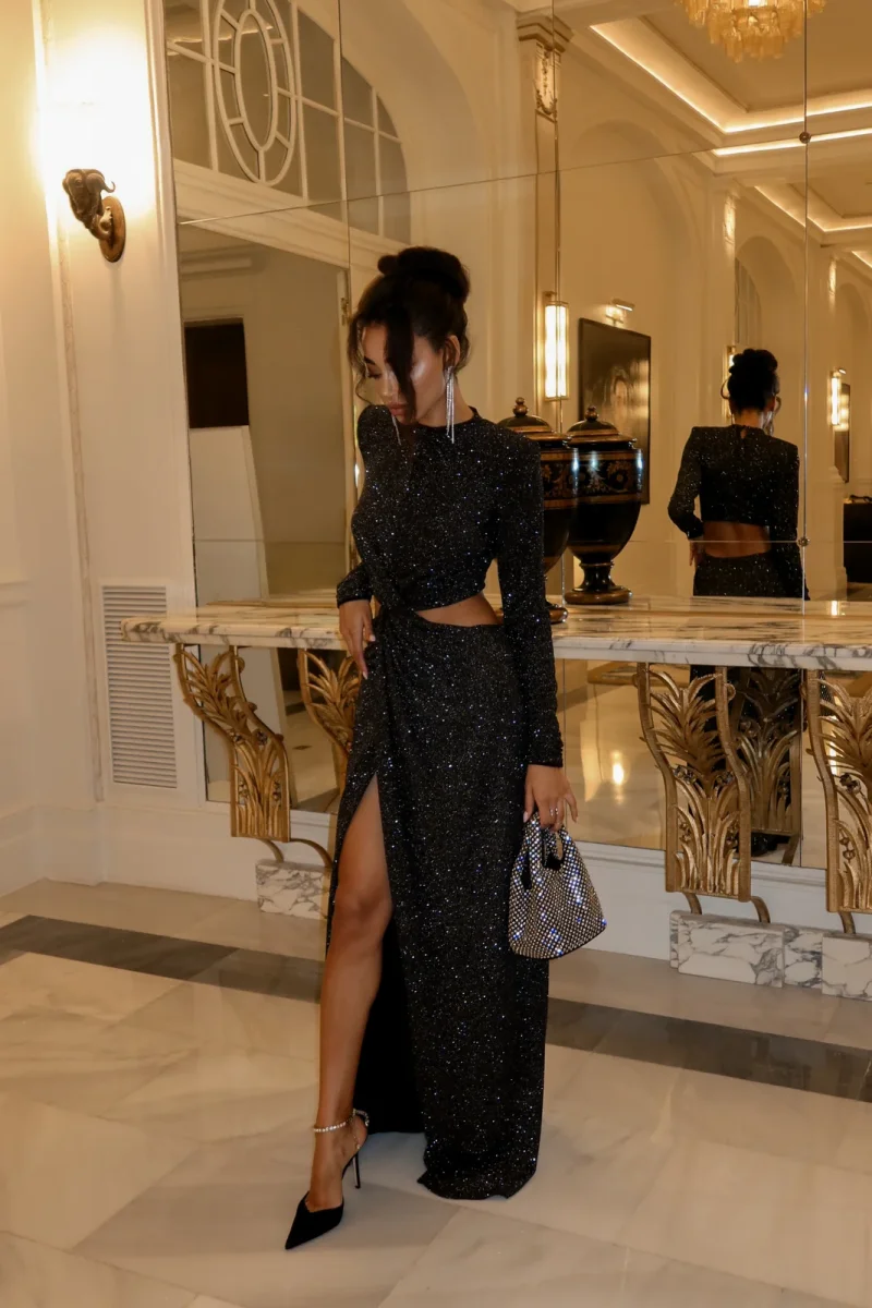 VESTIDO LONGO PRETO COM GLITTER - Image 8