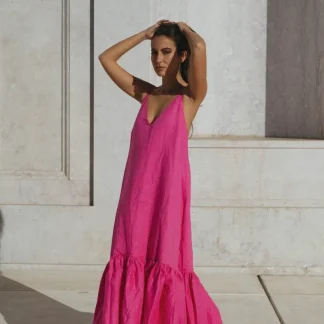 VESTIDO ROSA LINHO COM FOLHO