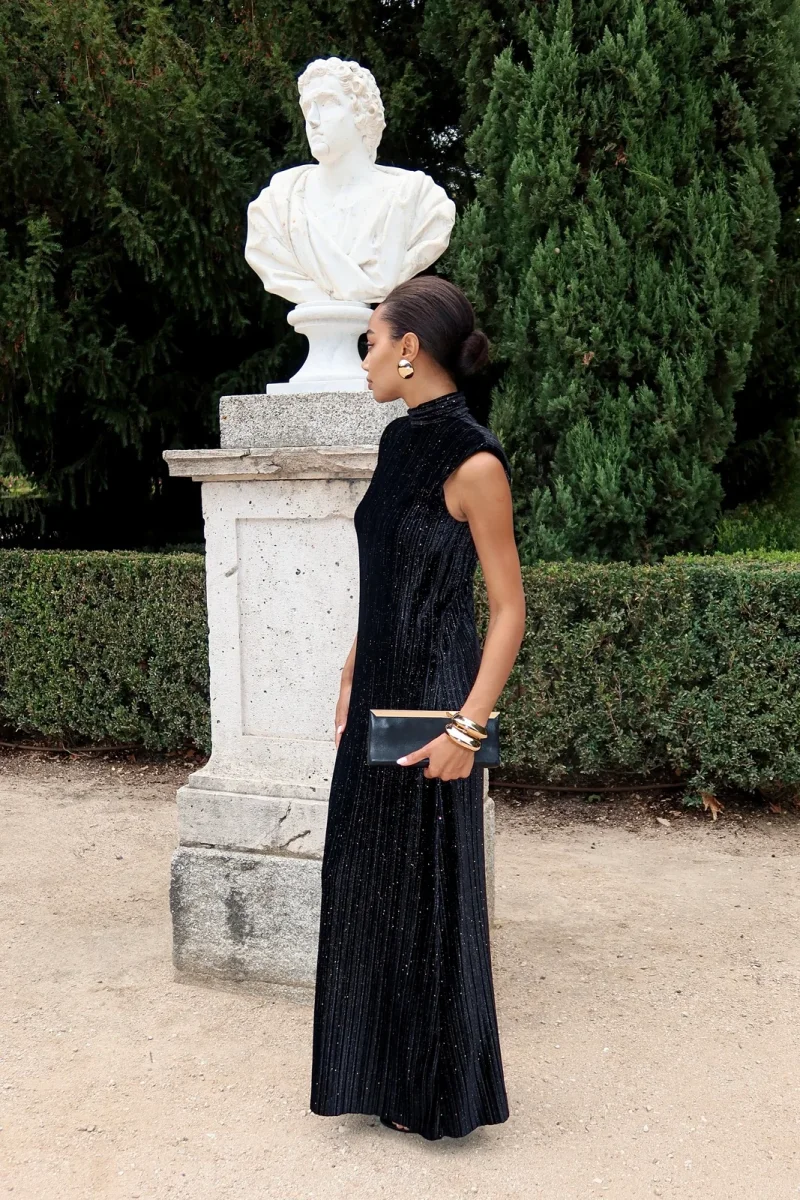 VESTIDO LONGO PRETO DE VELUDO COM GLITTER - Image 6