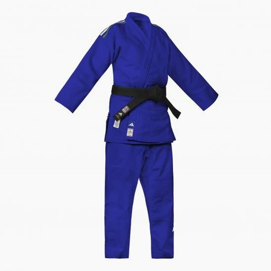 Fato judo azul Adidas J730 Champion III IJF slim listras Itália