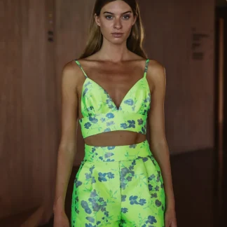 CALÇÃO JACQUARD VERDE FLUORESCENTE PADRÃO FLORAL